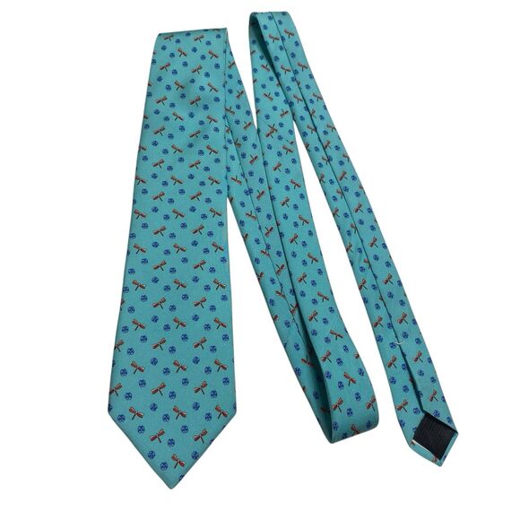 Brooks Brothers Makers Tie Men's Necktie Silk Dragonflies Flowers Turquoise Long - Picture 6 of 6